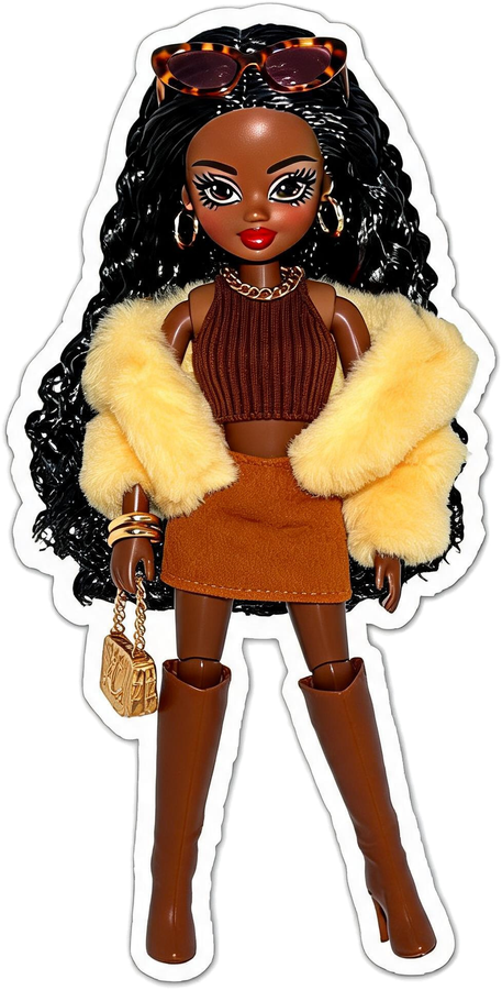 Girlworld doll in a brown crop top, caramel skirt, and butter yellow faux fur