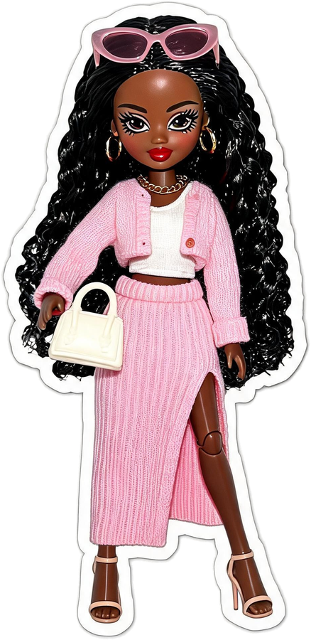 Girlworld doll in a pink knit set with a cream bag